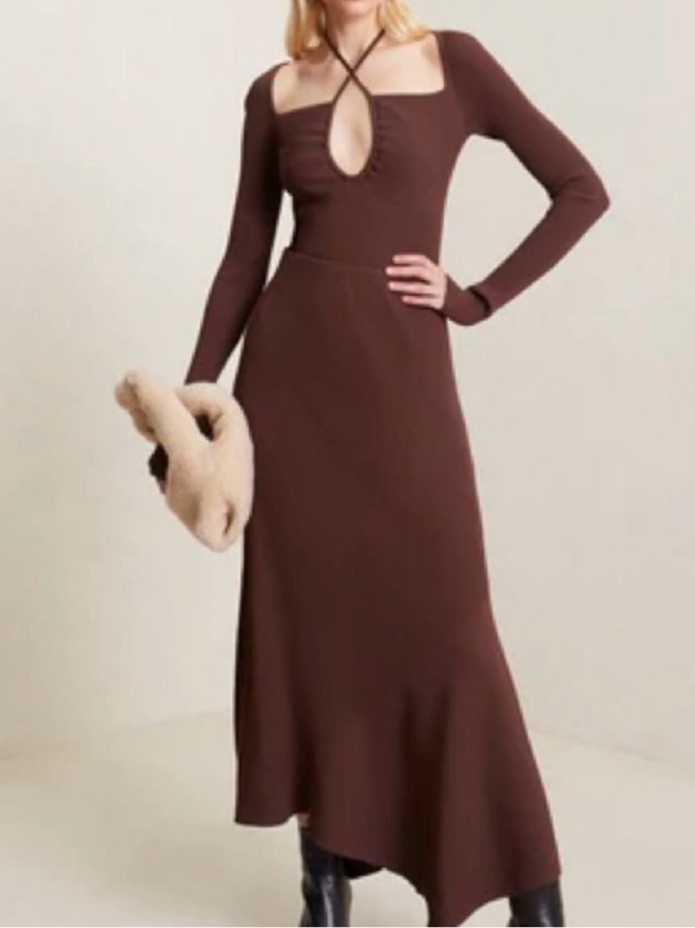A.L.C. Chocolate Brown Long Sleeve Midi Skirt Set with Keyhole Halter S